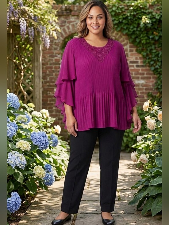 Catherines Tops - Catherines Magenta Pleated Lace-Trim Flutter Sleeve Tunic